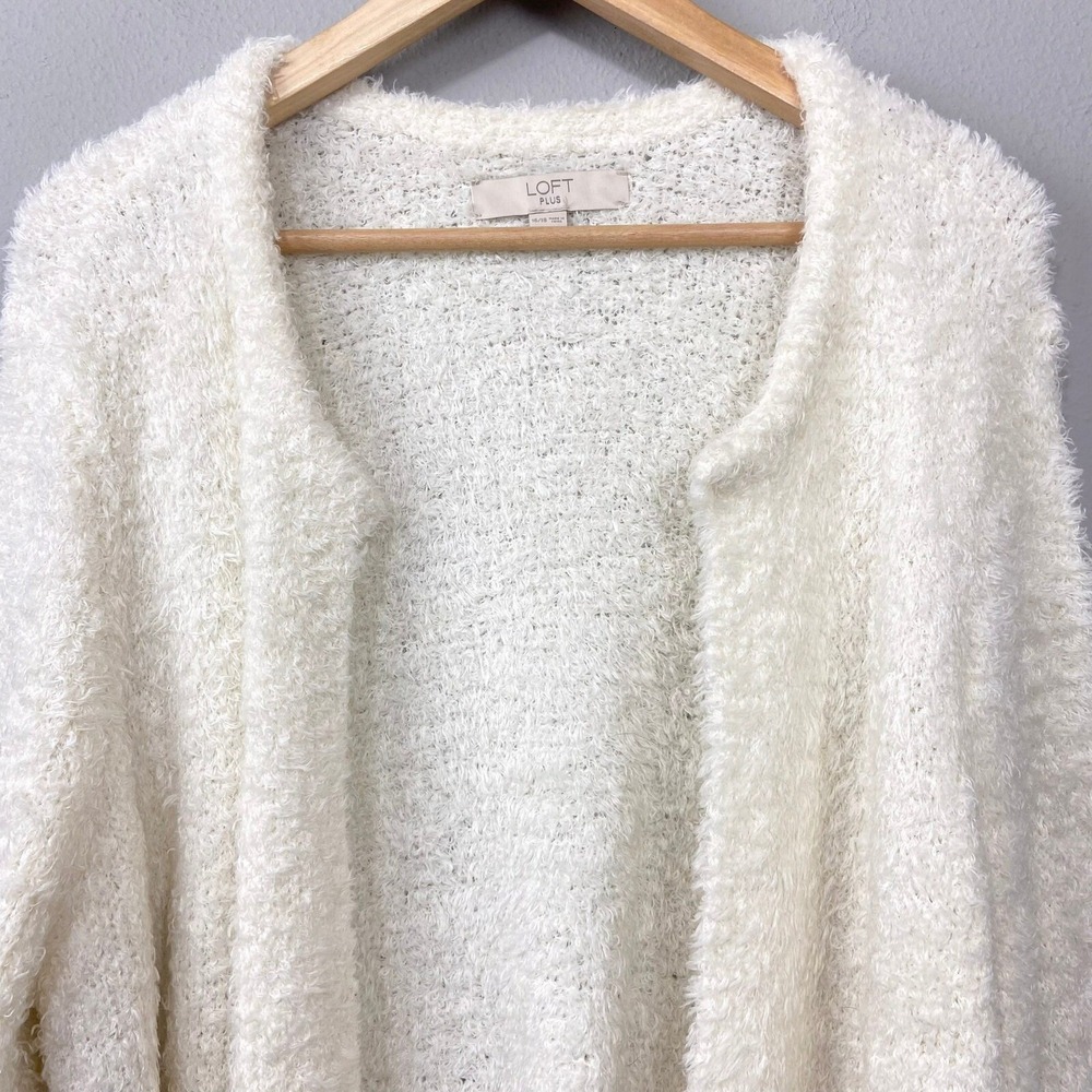 LOFT Fuzzy Cardigan Sweater Plus Size 16/18 Open Front Cozy Jacket Ivory Cream - Picture 2 of 11
